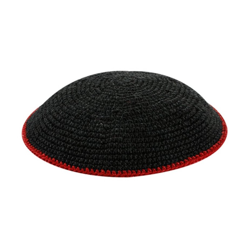 Black DMC Knitted Kippah with Red Border Smaller S... | Knitted Kippah