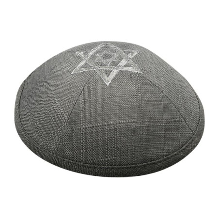 Gray Linen Fabric Kippah Yarmulke with Silver Double... | Linen Kippah