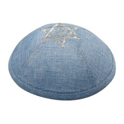 Blue Linen Fabric Kippah Yarmulke with Silver Double... | Linen Kippah