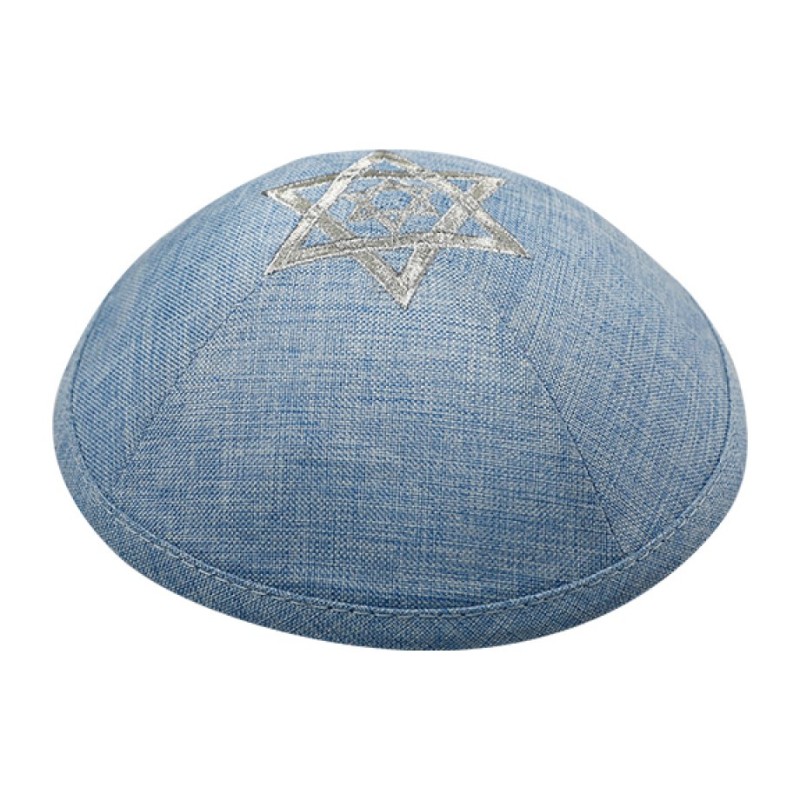 Blue Linen Fabric Kippah Yarmulke with Silver Double... | Linen Kippah