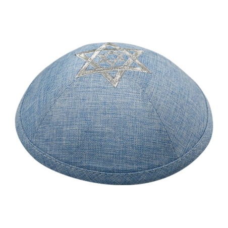 Blue Linen Fabric Kippah Yarmulke with Silver Double... | Linen Kippah