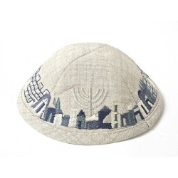 Beige Cloth Kippah with Attached Clip and Embroidere... | Cloth Kippah