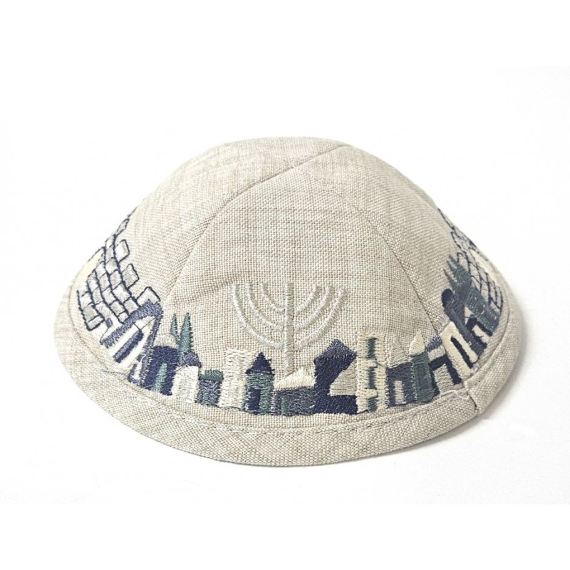 Beige Cloth Kippah with Attached Clip and Embroidere... | Cloth Kippah