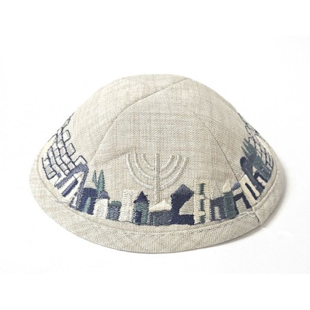 Beige Cloth Kippah with Attached Clip and Embroidere... | Cloth Kippah
