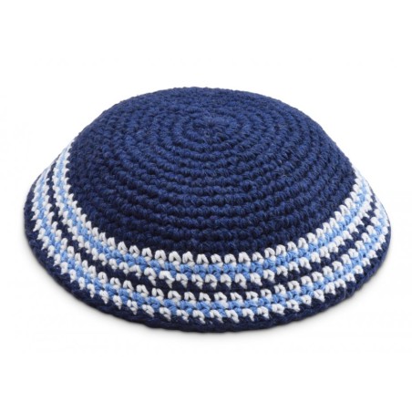 Royal Blue Knitted Kippah with Light Blue and Whit... | Knitted Kippah
