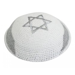 White Silver Knitted Kippah with Silver Israel Fla... | Knitted Kippah