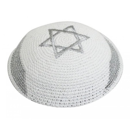 White Silver Knitted Kippah with Silver Israel Fla... | Knitted Kippah