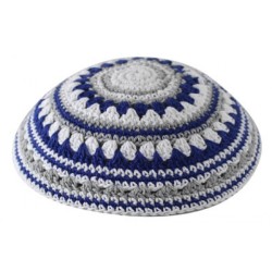 Knitted Kippah Serugah with Blue White and Gray St... | Knitted Kippah
