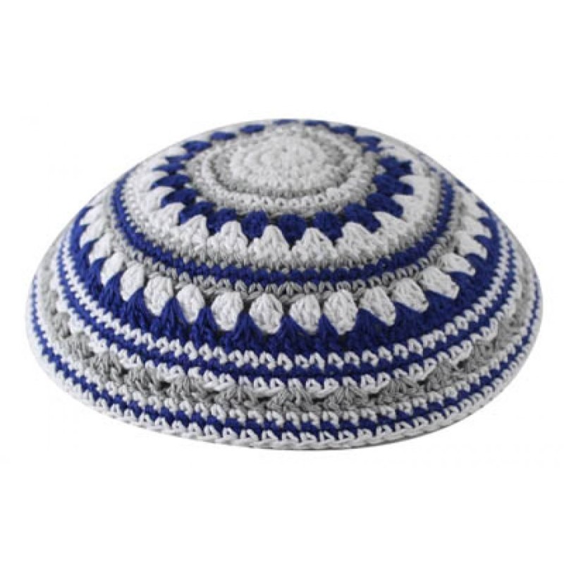 Knitted Kippah Serugah with Blue White and Gray St... | Knitted Kippah