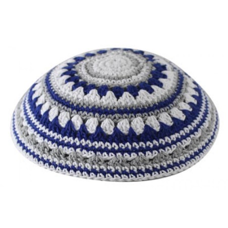 Knitted Kippah Serugah with Blue White and Gray St... | Knitted Kippah