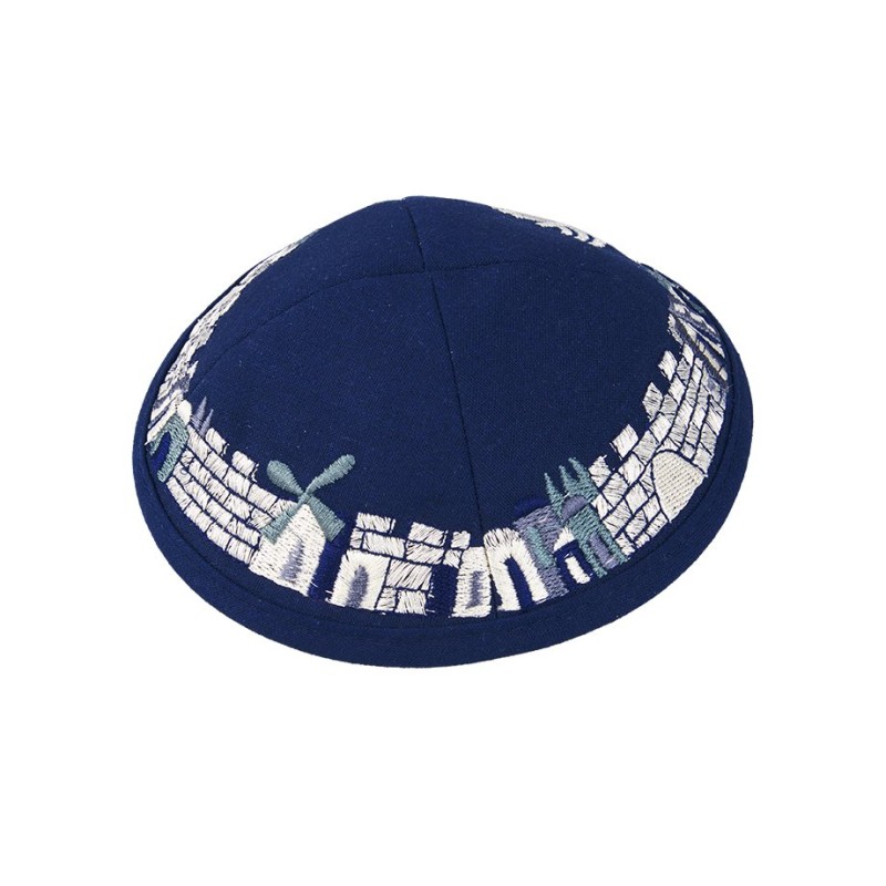 Blue Cloth Kippah with Attached Clip and Embroidered... | Cloth Kippah
