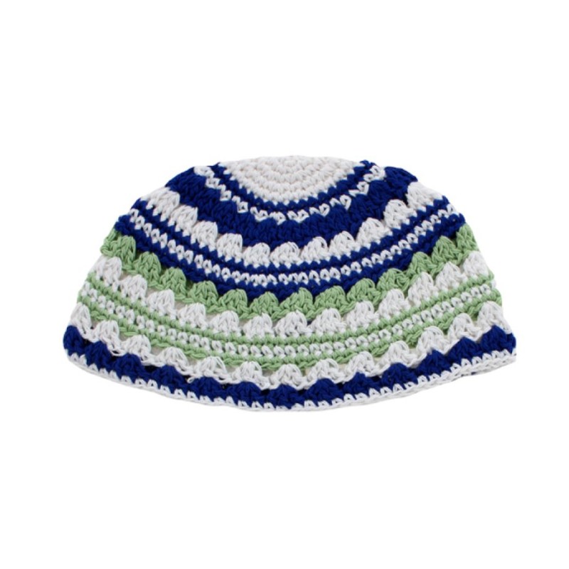 Frik Kippah %96 Thick Weave of Crocheted White Blue a... | Frik Kippah