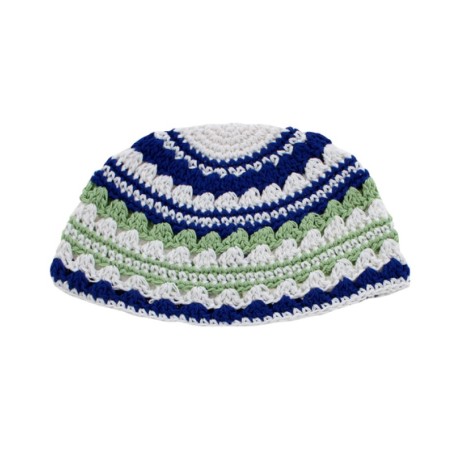 Frik Kippah %96 Thick Weave of Crocheted White Blue a... | Frik Kippah