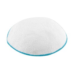 White DMC Knitted Kippah with Thin Light Blue Bord... | Knitted Kippah