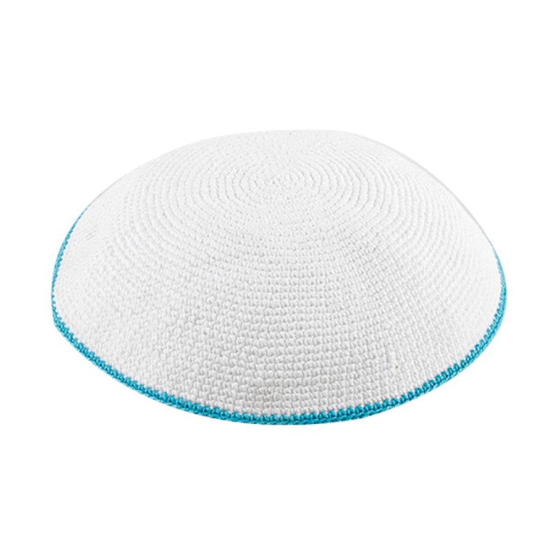 White DMC Knitted Kippah with Thin Light Blue Bord... | Knitted Kippah
