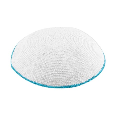 White DMC Knitted Kippah with Thin Light Blue Bord... | Knitted Kippah