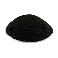 Black DMC Knitted Kippah with Thin Ivory Border St... | Knitted Kippah