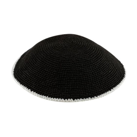 Black DMC Knitted Kippah with Thin Ivory Border St... | Knitted Kippah