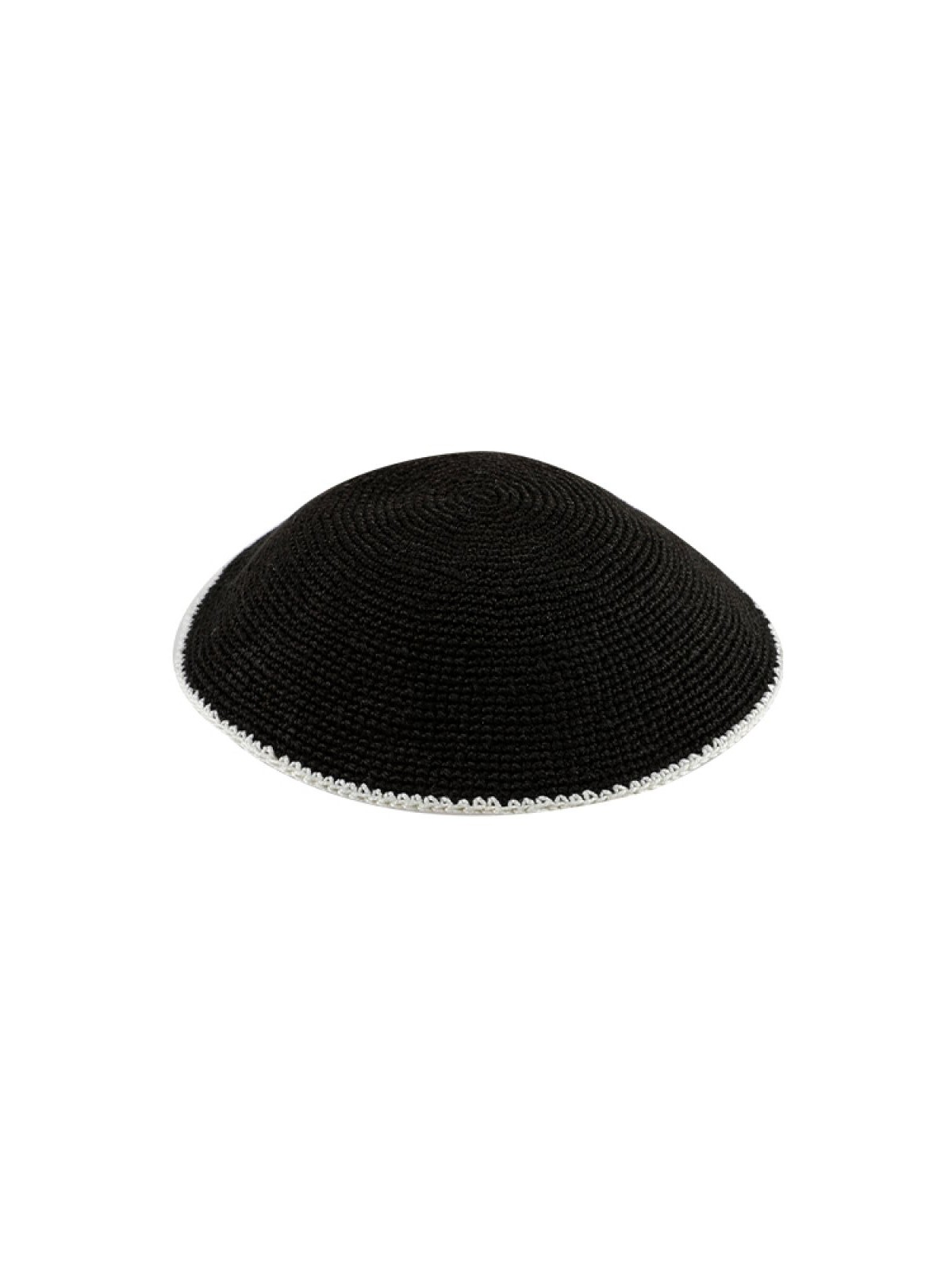 Black DMC Knitted Kippah with Thin Ivory Border St... | Knitted Kippah