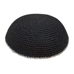 Black Knitted Kippah Srugah with Silver Border Cho... | Knitted Kippah