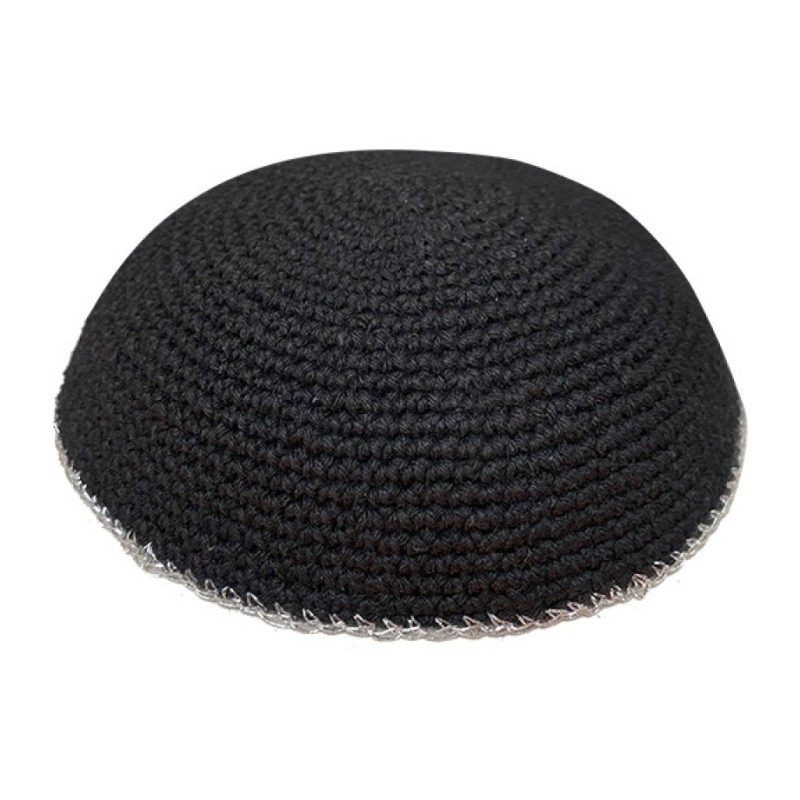 Black Knitted Kippah Srugah with Silver Border Cho... | Knitted Kippah