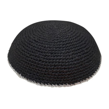 Black Knitted Kippah Srugah with Silver Border Cho... | Knitted Kippah