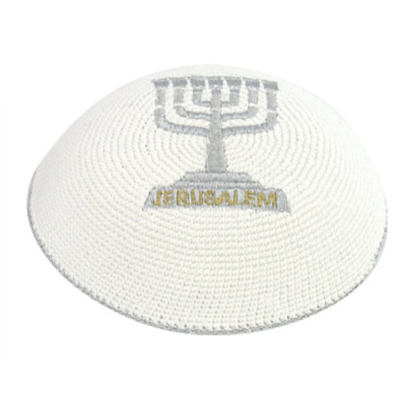 Silver Gold Menorah Jerusalem knitted kippah | Knitted Kippah