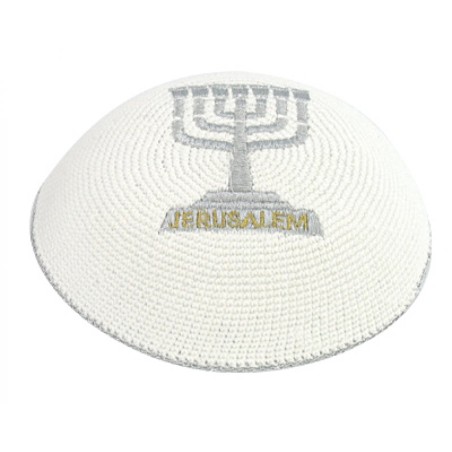Silver Gold Menorah Jerusalem knitted kippah | Knitted Kippah
