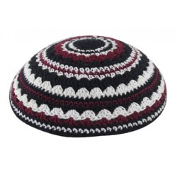 Knitted Kippah with Black White and Maroon Stripes... | Knitted Kippah