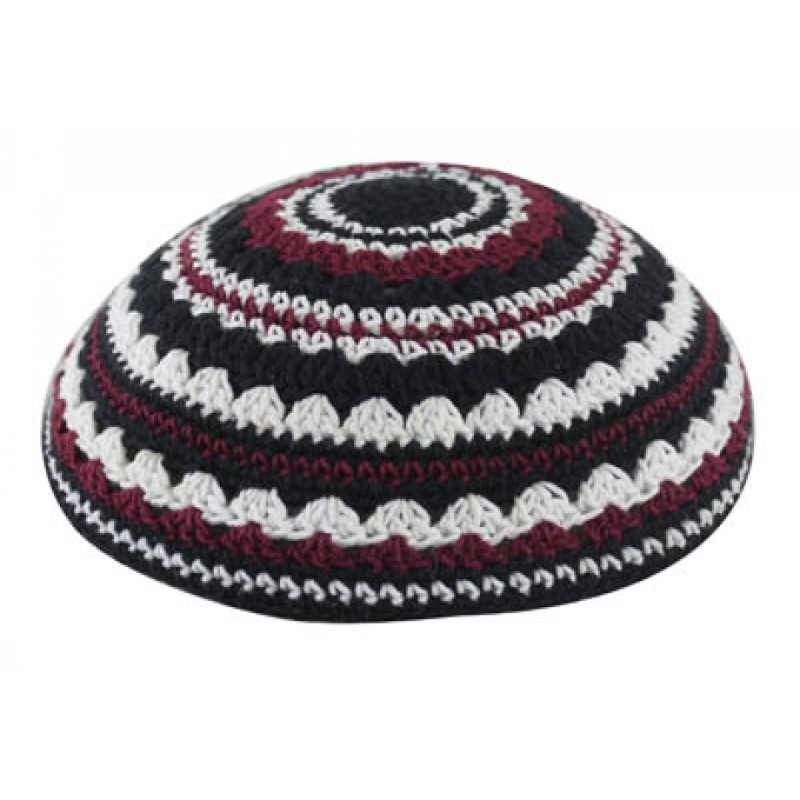 Knitted Kippah with Black White and Maroon Stripes... | Knitted Kippah