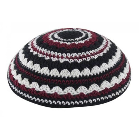 Knitted Kippah with Black White and Maroon Stripes... | Knitted Kippah
