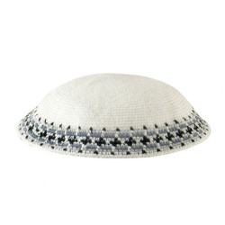 White Knitted DMC Kippah Gray Blue Black Rim | Knitted Kippah