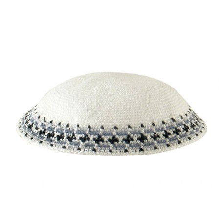 White Knitted DMC Kippah Gray Blue Black Rim | Knitted Kippah