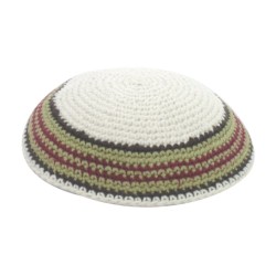 White Knitted Kippah with Green and Maroon Border ... | Knitted Kippah
