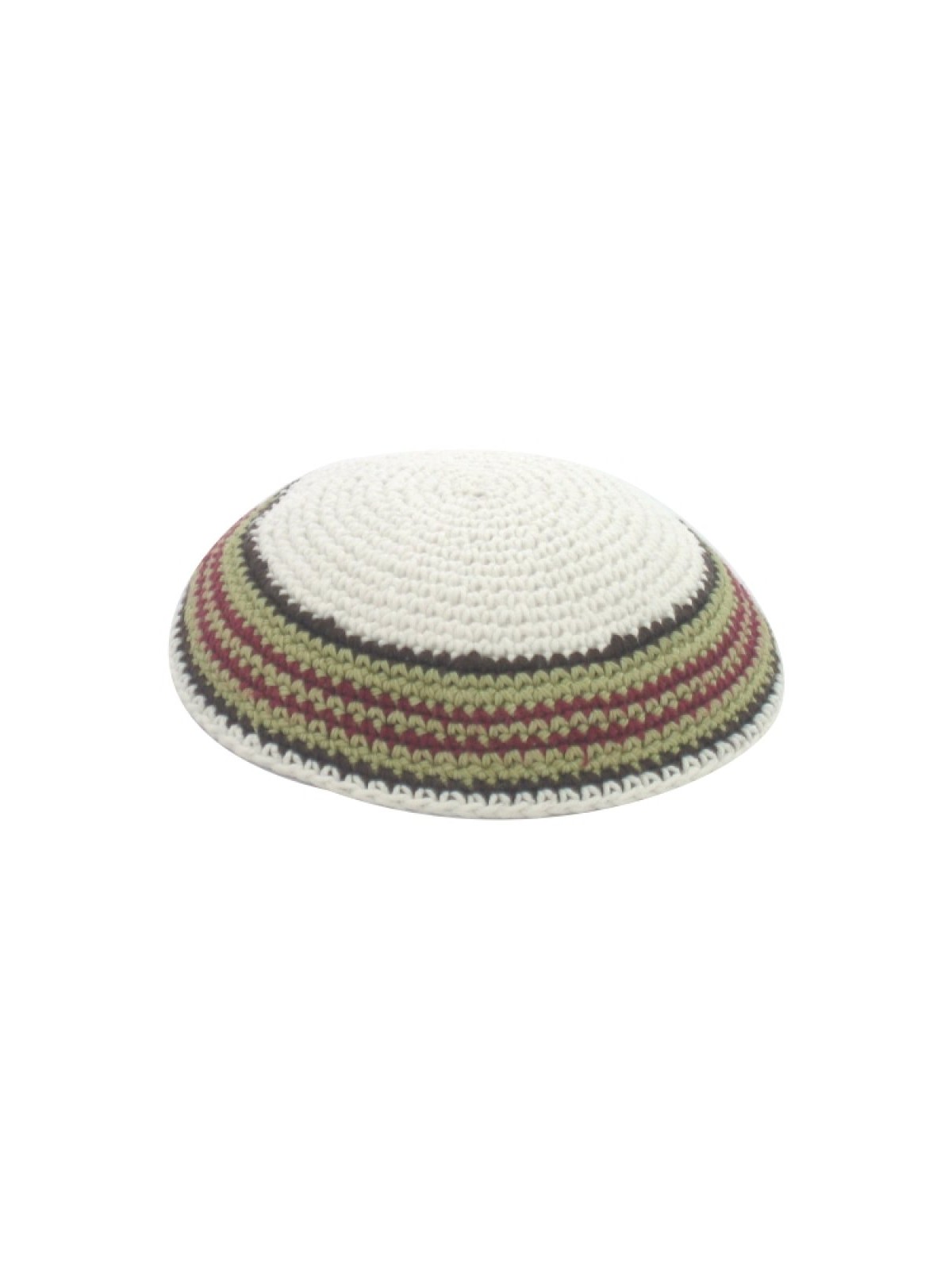 White Knitted Kippah with Green and Maroon Border ... | Knitted Kippah