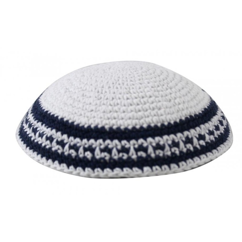 White Knitted Kippah with White Black and Blue Bor... | Knitted Kippah