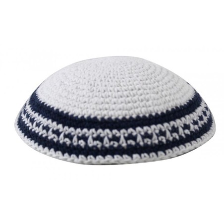 White Knitted Kippah with White Black and Blue Bor... | Knitted Kippah