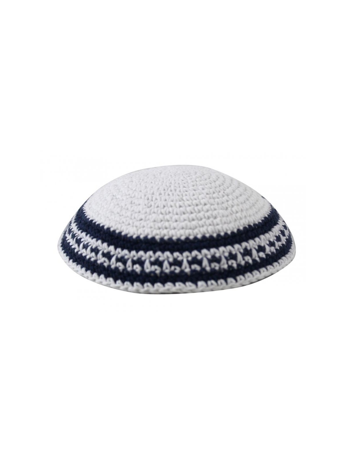 White Knitted Kippah with White Black and Blue Bor... | Knitted Kippah