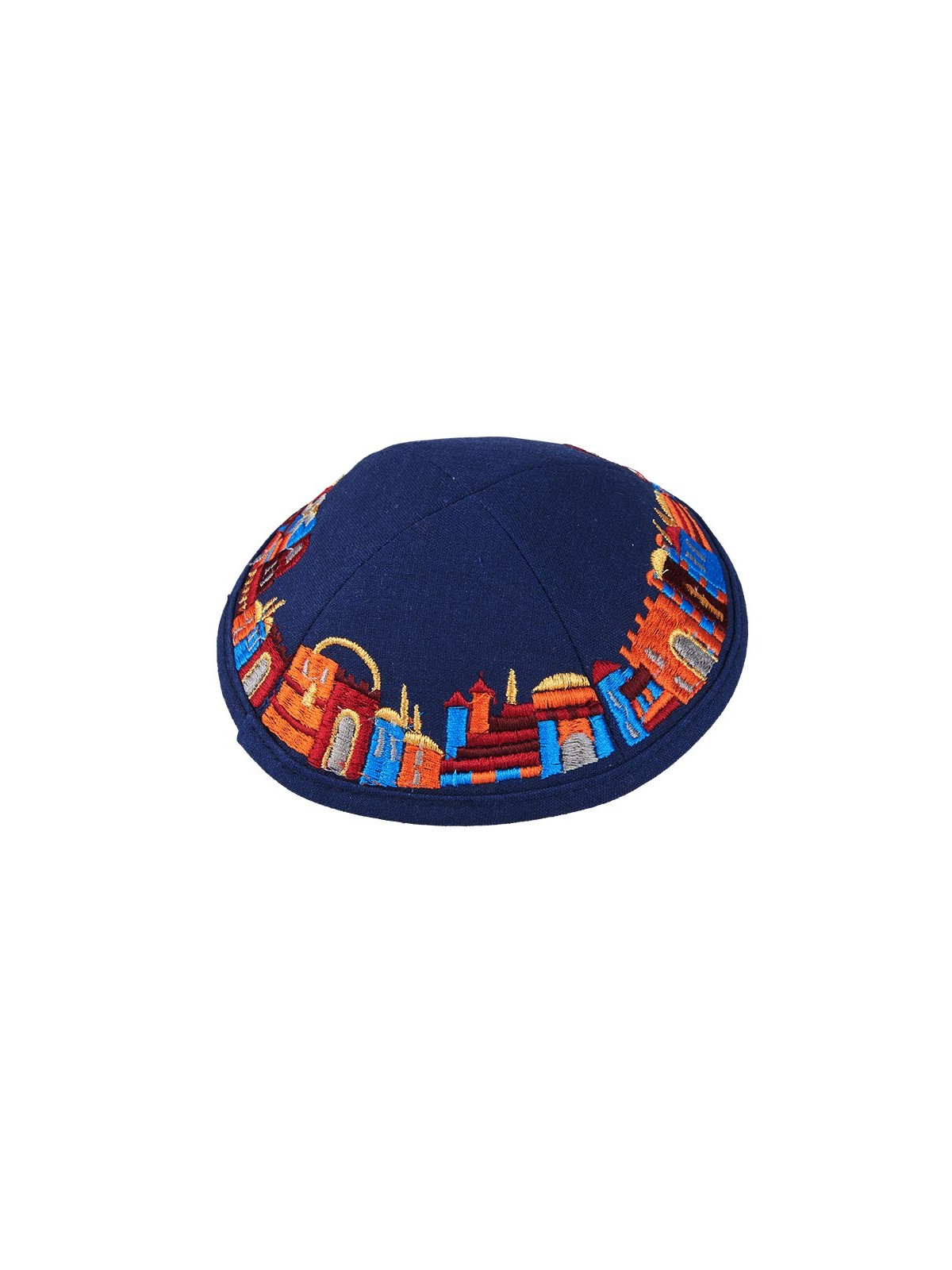 Dark Blue Fabric Kippah with Embroidered Jerusalem D... | Cloth Kippah