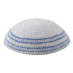 White Knitted Kippah with Light Blue Stripes Aroun... | Knitted Kippah
