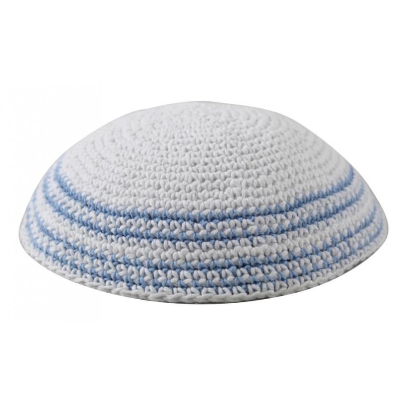 White Knitted Kippah with Light Blue Stripes Aroun... | Knitted Kippah