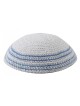 White Knitted Kippah with Light Blue Stripes Aroun... | Knitted Kippah
