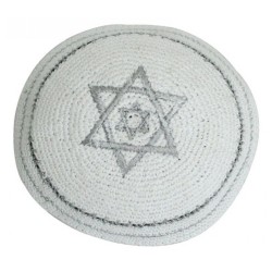 White Knitted Kippah with Double Silver Star of David | Knitted Kippah
