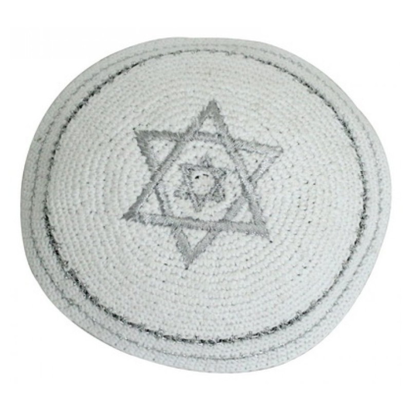 White Knitted Kippah with Double Silver Star of David | Knitted Kippah