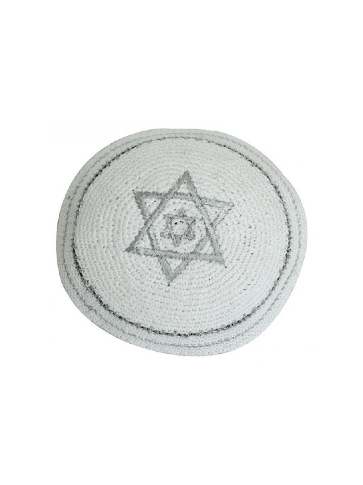 White Knitted Kippah with Double Silver Star of David | Knitted Kippah