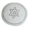 White Knitted Kippah with Double Silver Star of David | Knitted Kippah