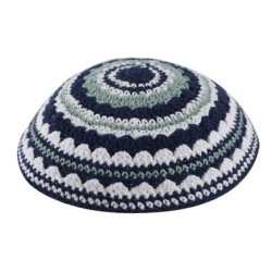 Knitted Kippah with Blue White and Light Green Str... | Knitted Kippah