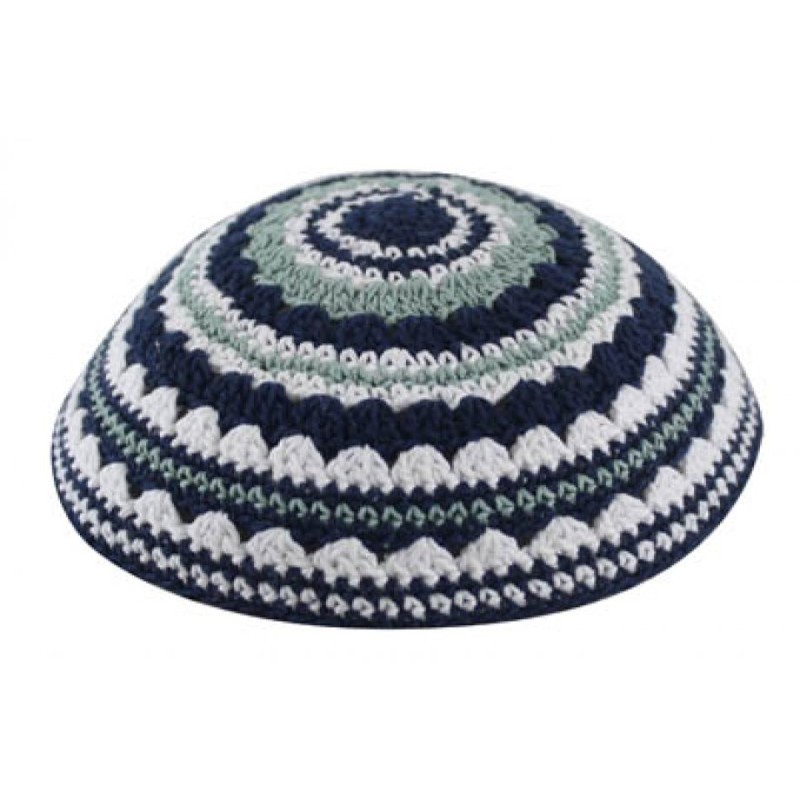 Knitted Kippah with Blue White and Light Green Str... | Knitted Kippah