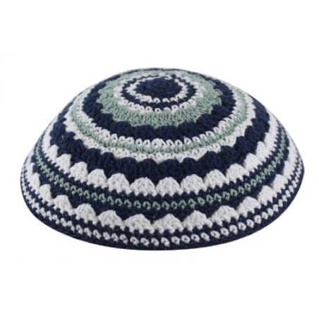 Knitted Kippah with Blue White and Light Green Str... | Knitted Kippah