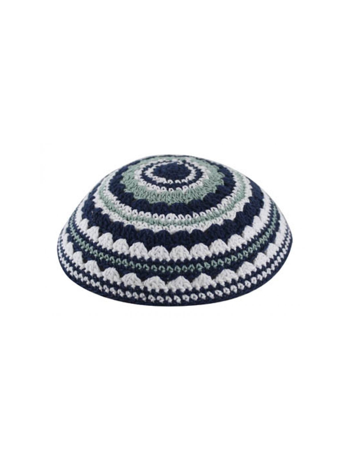 Knitted Kippah with Blue White and Light Green Str... | Knitted Kippah